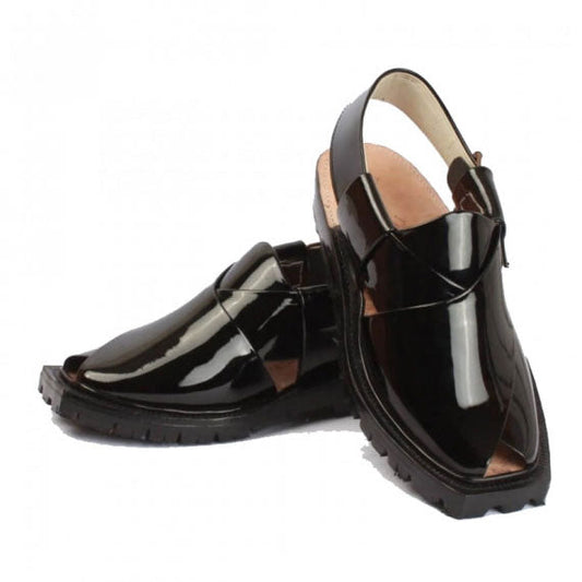 Handmade Black Patent Leather Chappal with Double Sole – 092335