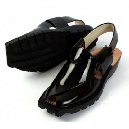 Handmade Black Patent Leather Chappal with Double Sole – 092335